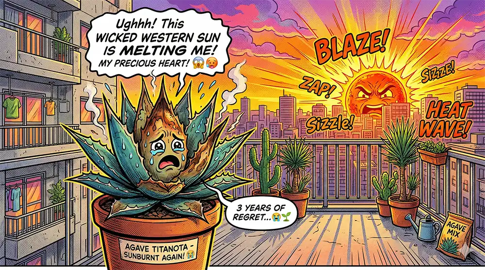 アガベ・チタノタがマンションのベランダで西日を強烈に浴びて困り果てている様